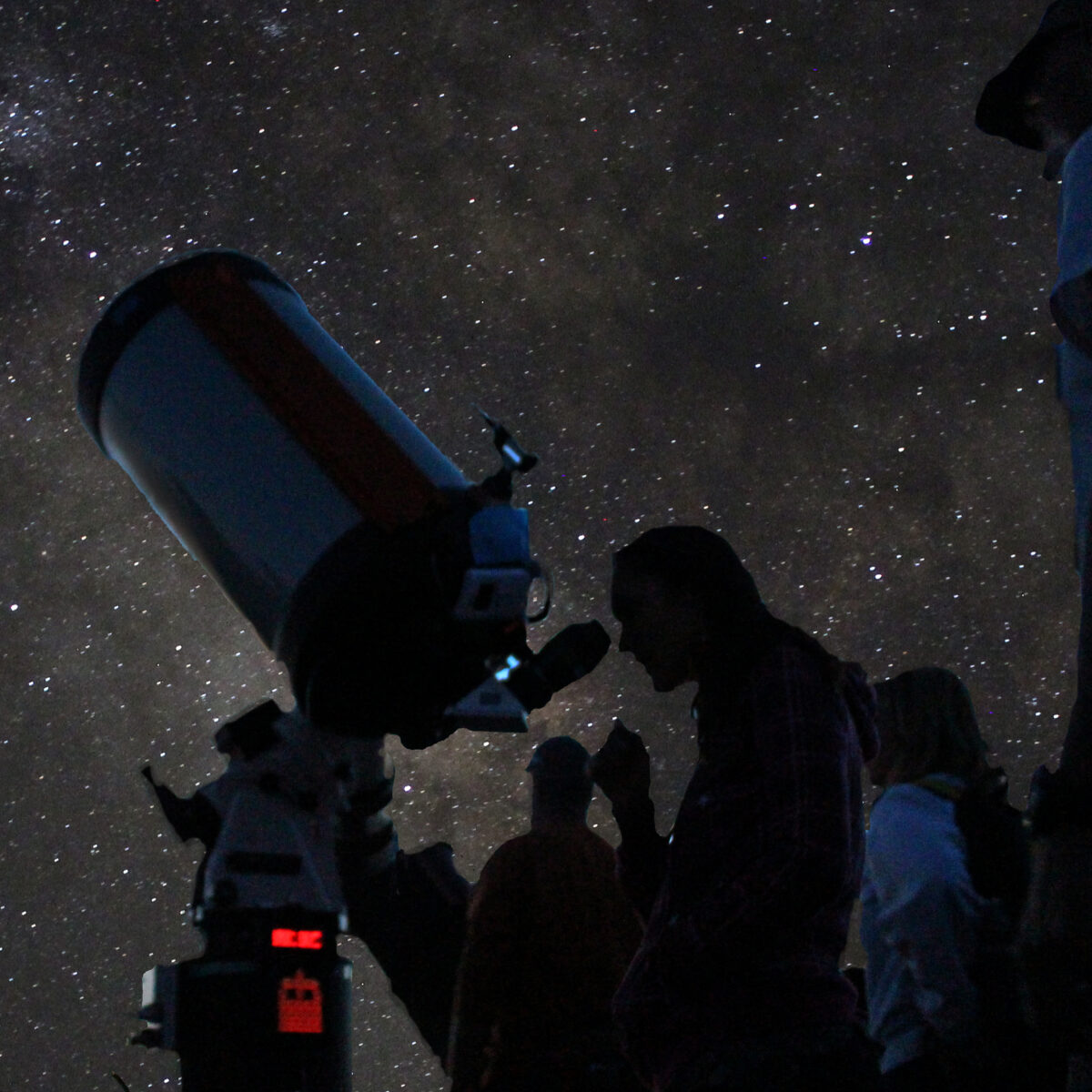 A starry night sky in the background with several silhouetted people looking through telescopes NPS Michael Quinn