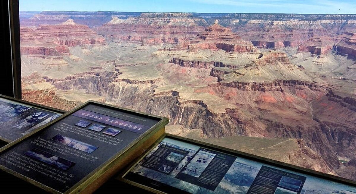 View north from inside Yavapai Museum of Geology looking out across Grand Canyon, photo by NPS/William T Joye