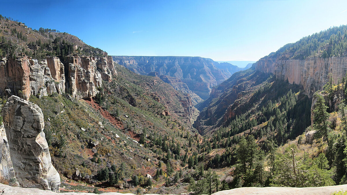 From Coconino Overlook on the North Kaibab Trail, the view is looking down into Roaring Springs Canyon.