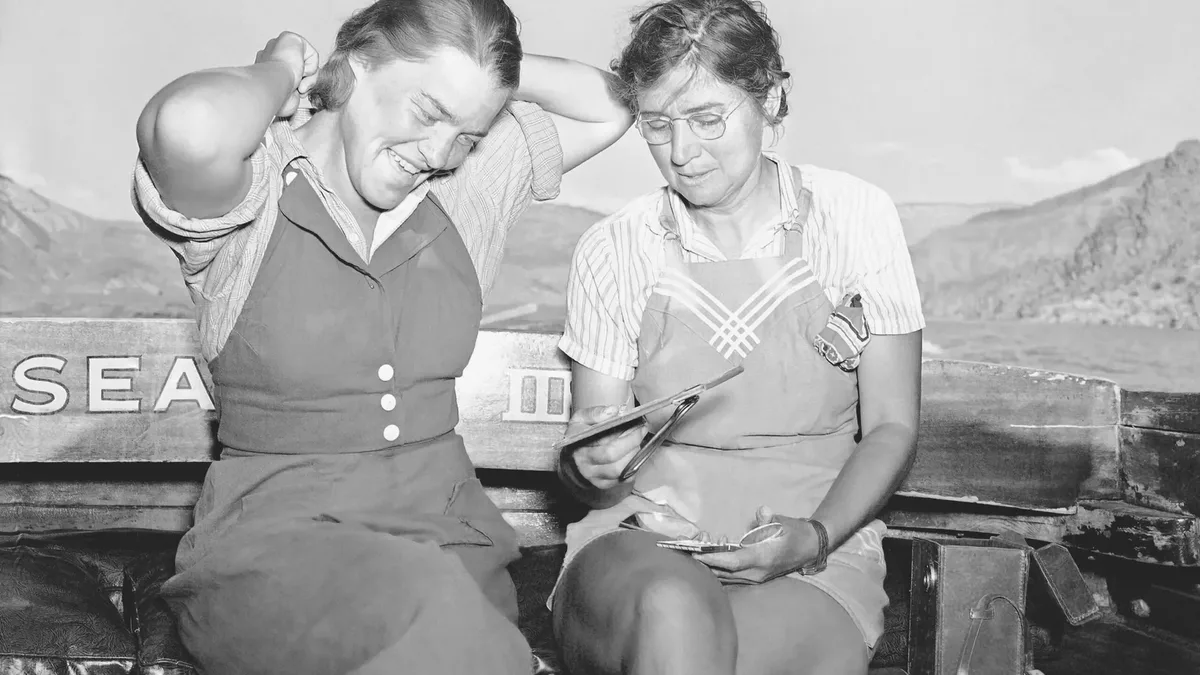 Lois Jotter, left, and Elzada Clover at the end of their trip down the Colorado River. Their story is chronicled in “Brave the Wild River.”