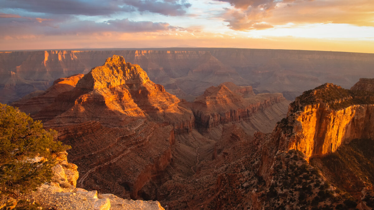 South Rim Sunset - clouds are colors of blue, pink, and yellow. Photo by: Caroline Ludwig