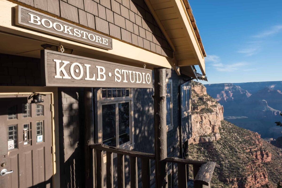 Photo from entrance of Kolb Studio store entrance overlooking down into canyon during bright sun at Grand Canyon National Park