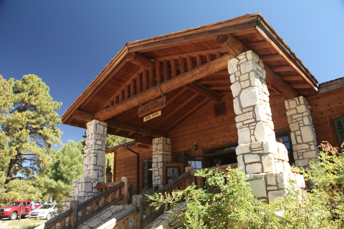 View from ground looking up stairs to entrance of Grand Canyon North Rim Bookstore exterior