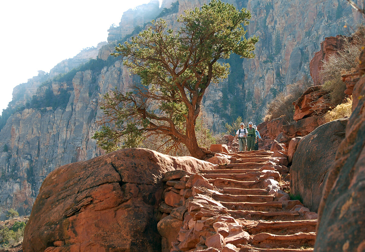 Continuing below Cedar Ridge on the South Kaibab Trail, hikers next descend to the saddle of O'Neill Butte. NPS Photo by Michael Quinn.