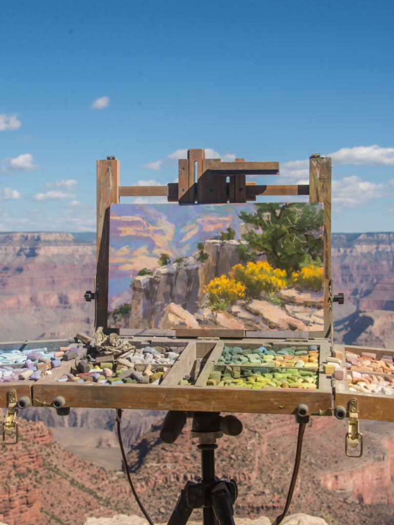 Grand Canyon Celebration of Art pastel painting easel on canyon edge, 2017 Terri Attridge