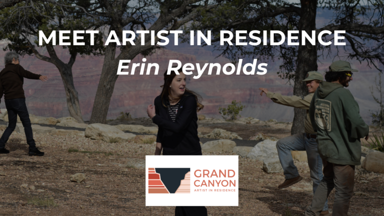 Erin Reynolds dances on the rim with visitors. The grand canyon conservancy artist in residence logo can be seen on the bottom.