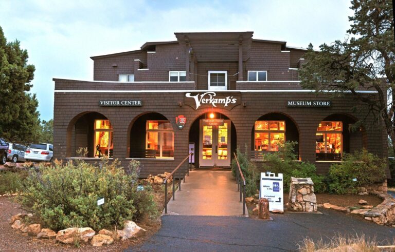 View of front entrance to Verkamps Visitor Center and Curios Store at Grand Canyon National Park.