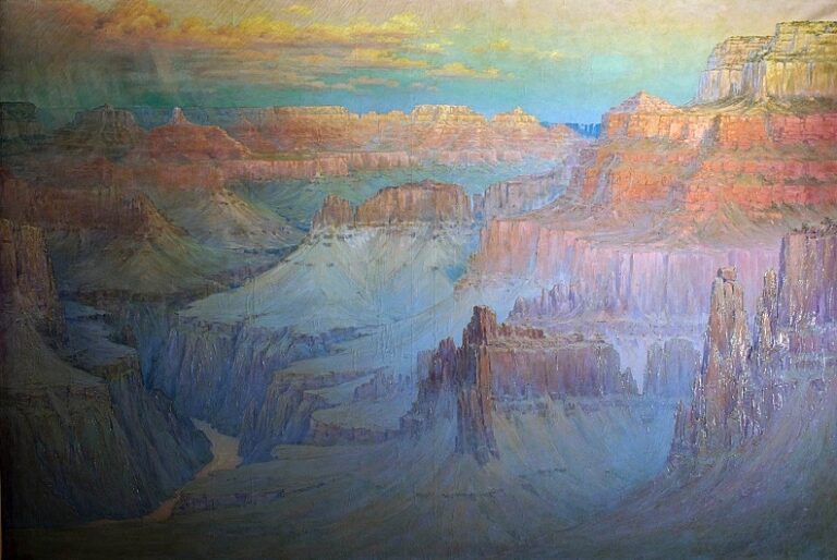 The painting shows a view of the Grand Canyon from the South Rim, with a portion of the Colorado River visible, and is thought to be his largest landscape.