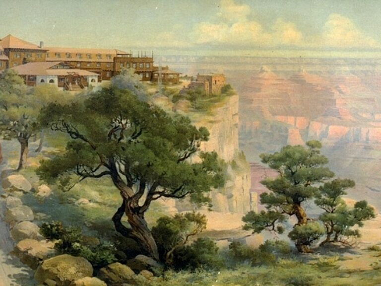 Framed print of a popular Louis Akin painting of the El Tovar hotel and Hopi House on the South Rim. Date: 1906.