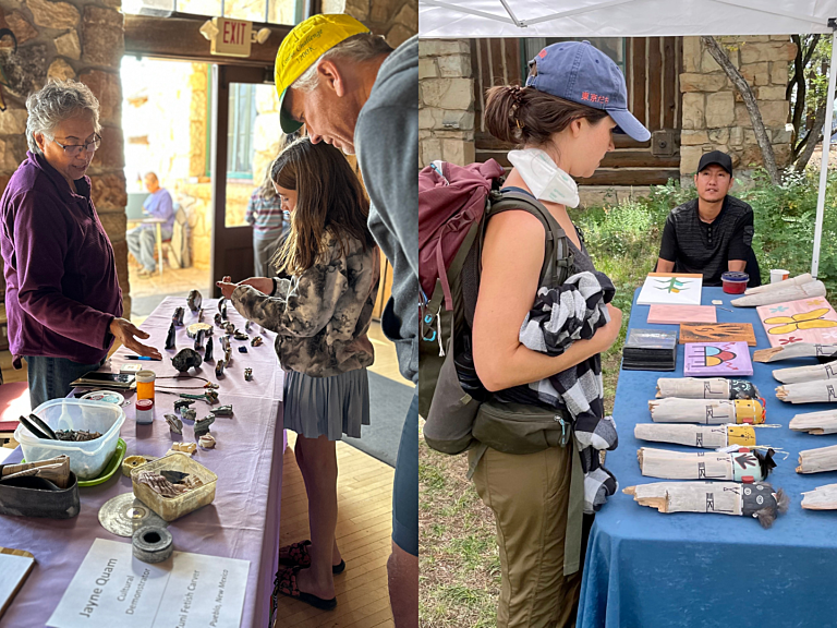 Katsina Dolls and Zuni Fetishes. On the left, a cultural demonstrator talks with a child about zuni fetishes. On the right, a cultural demonstrator at Heritage Days talks with a woman about Katsina Dolls.