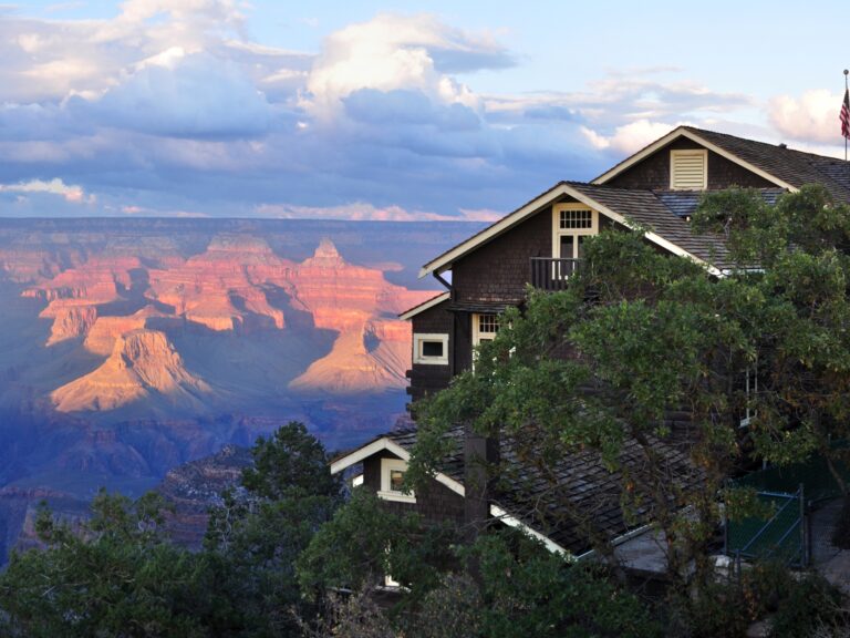 Sunset overlooking Grand Canyon and Kolb Studio on the South Rim of Grand Canyon National Park, photo by NPS/Michael Quinn