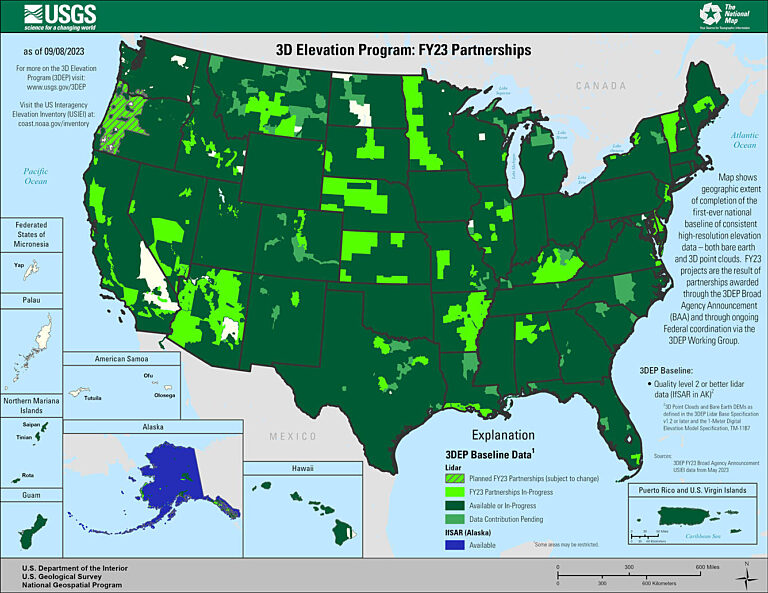 United States map highlighting USGS 3D Elevation Program FY23 Partnerships