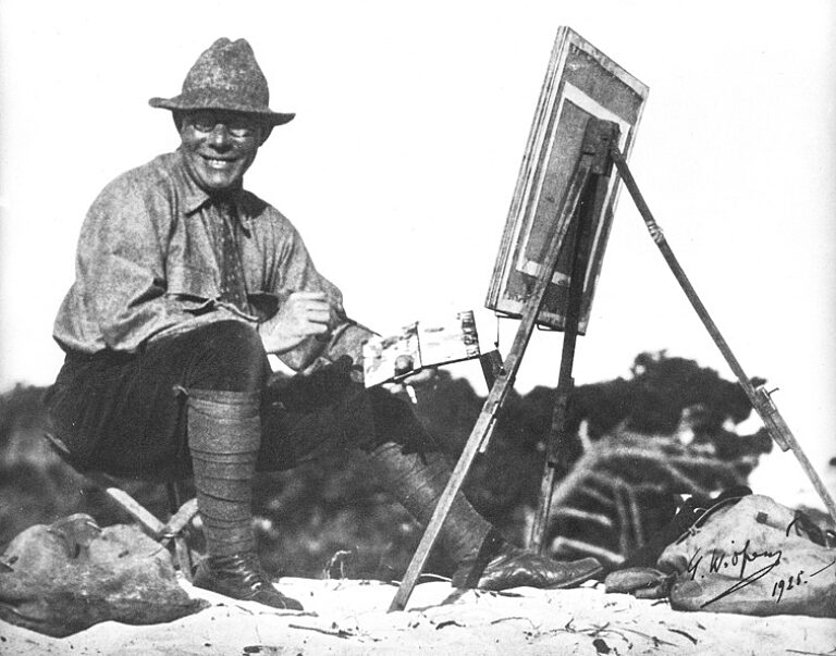 Gunnar Widforss sits on the rim, posing with easel and brush.
