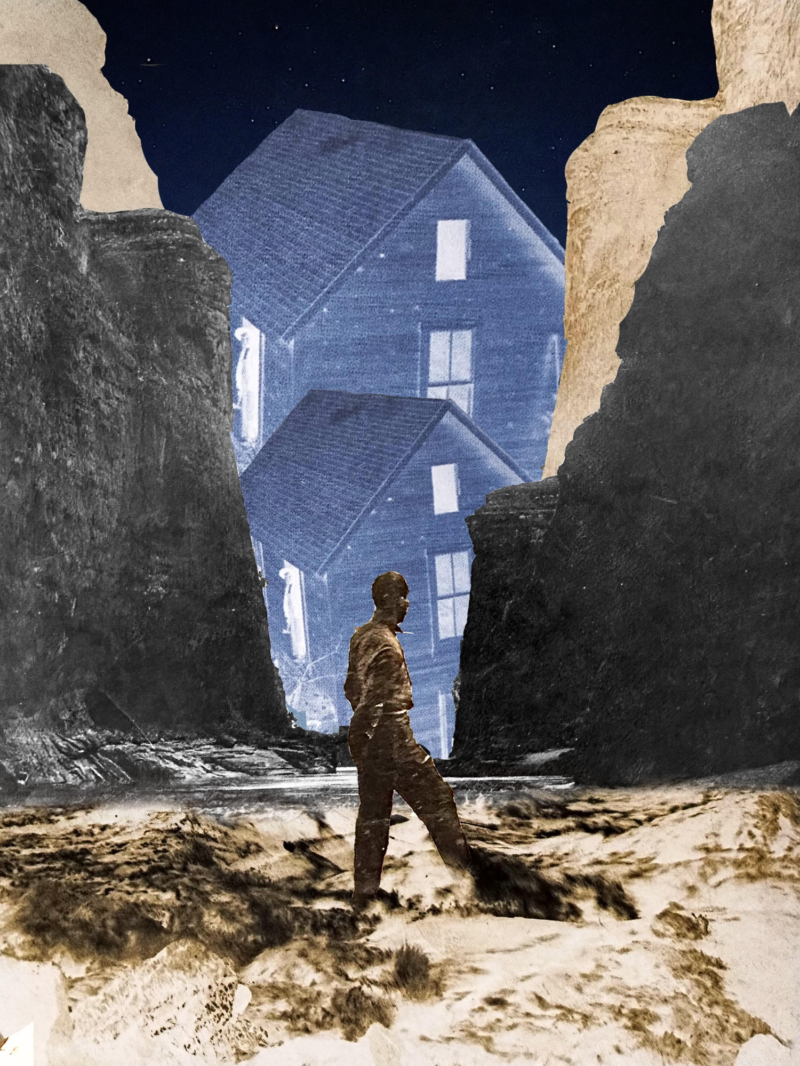 Art piece with a blue house in a canyon.