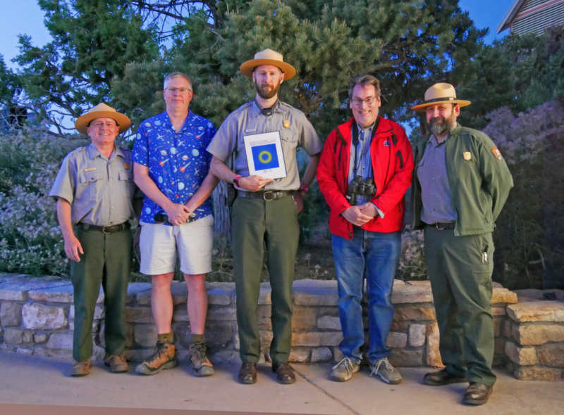 Astronomy Magazine Editor Dave Eicher (fourth from left) poses with park ranger Rader Lane (center), who received an asteroid named for him, Lowell Observatory’s Kevin Schindler (second from left), and the Grand Canyon’s Park Superintendent Ed Keable (left).